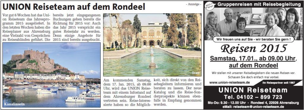 UNION Reiseteam präsentiert das Programm 2015 auf dem Rondeel